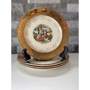 4 pc set Antique Sabin Crest-O-Gold plates Warranted 22K Gold Courting Couple